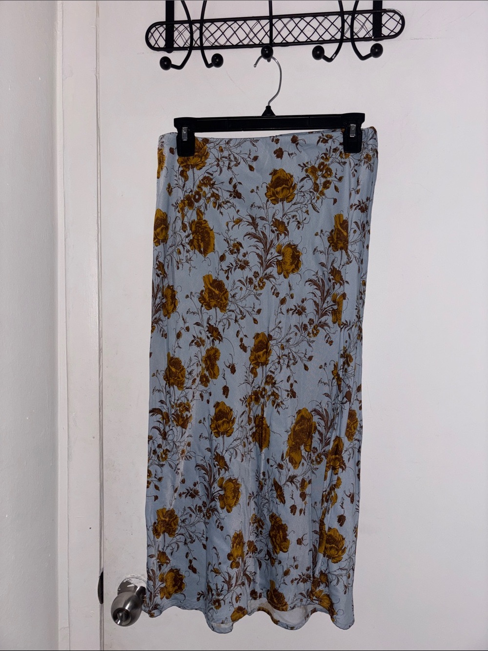 Light Blue Floral Maxi Skirt with Mustard Roses